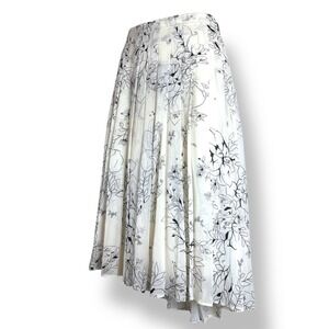 Theory Gabriel Silk Pleated Skirt Women's 10 Ivory Black Floral Print Midi Lined